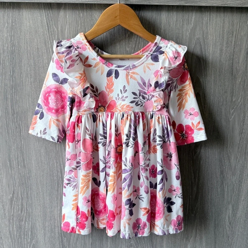 Mila & Rose Tangerine Leaves Ruffle Floral Dress Girls 2T Pink Boho Cottagecore